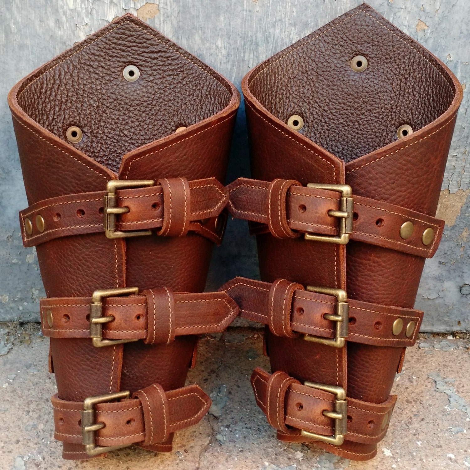 Oiled Brown Leather Peaked Bracers or Gauntlets with Antiqued