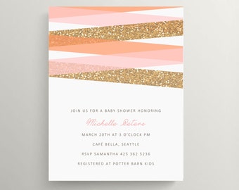 modern stripes and glitter baby shower invitation set // birthday invitation // gold // blush // simple // pink // thank you note