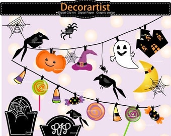 ON SALE halloween banner clip art, halloween bunting clip art,halloween tombstone clip art, colourful halloween clip art, invitation card