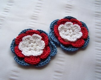 Flower crochet motif 2.5 inch cotton white red blue