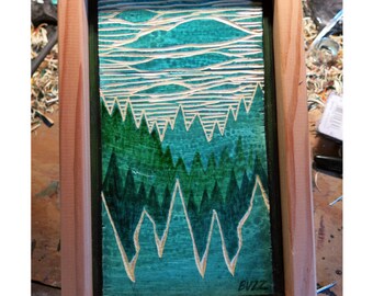 Treetops, Original Carved Wood Painting - Buzz Parker - 4.5 x 8.5 inches treehouse trees forest HOME TREE HOME