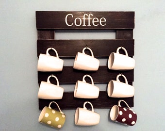 Coffee mug rack, cup display, reclaimed wood, kitchen storage, kitchen decor, black mug holder, cup rack, coffee cup hooks
