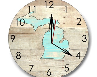 Michigan clock, wood Michigan clock, wall clock, wall decor, housewares, rustic clock, mitten clock, groomsmen gift, made in Michigan