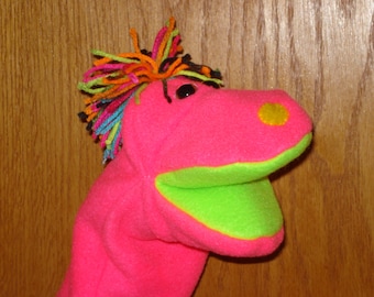Pinky a Neon Hand Puppet with moveable mouth and colorful neon yarn hair