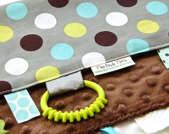 Baby Boy Tag Blanket, Sensory Lovey, Ribbon Blanket, Grey Polka Dot