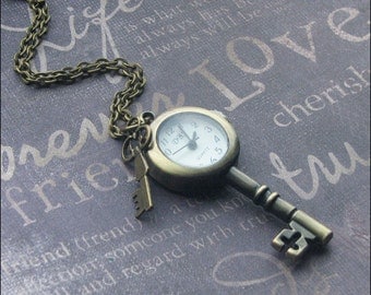 Key Watch Necklace, Brass Key Pendant, Working Watch Necklace, Steampunk Key Jewelry, Steampunk Wedding, Watch, Key Shaped Watch Necklace