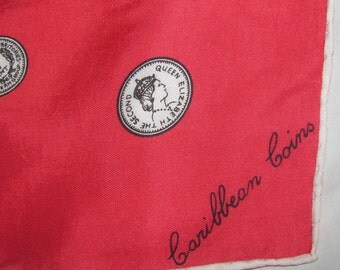 Vintage Small Square Scarf by Thirkell London - Red with Caribbean Coins, British Territory - Roy Thirkell Design - Historical Coin Scarf