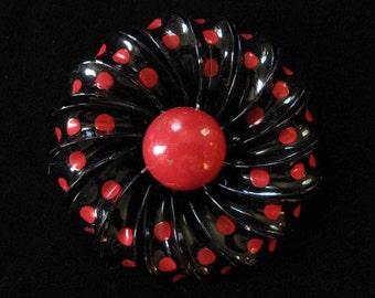 Flower Power 1960s Enamel On Copper Brooch, Red Polka Dots on Black