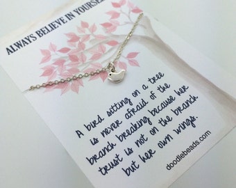 Tiny Bird Necklace- small Silver or Gold bird charm necklace - choose carded Always believe in yourself or in a silver gift box