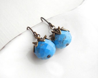 Faceted Turquoise Earrings In Antiqued Brass, Blue Stone Earrings, Gift For Her, Berry Earrings, December Birthstone Jewelry