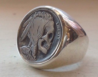 High Polish Sterling Silver Buffalo / Indian Head Nickel Skeleton Skull Hobo Nickel Mans Mens Ring