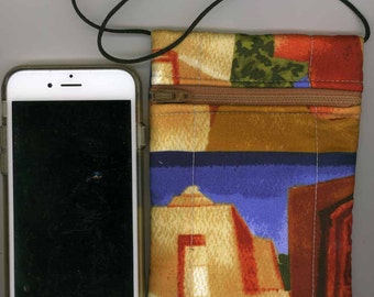 Cell Phone & Passport Bag - Quilted Cotton - Southwest Adobe Motif - Long strap - Fits iphone