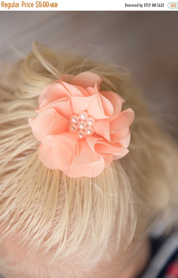 peach hair clip pearl chiffon baby toddler by LaBellaRoseBoutique