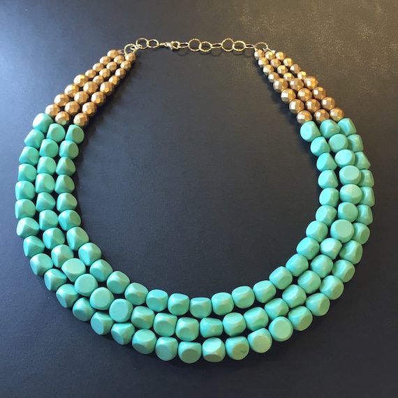 AQUA and Gold multistrand beaded necklace by JewelryMadebyMaggie