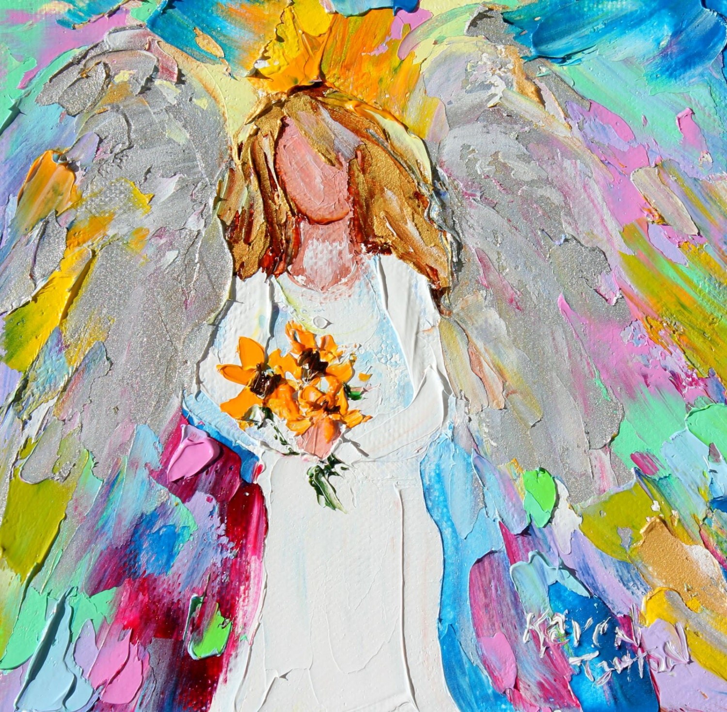 Original oil painting Angel with Sunflowers by Karensfineart