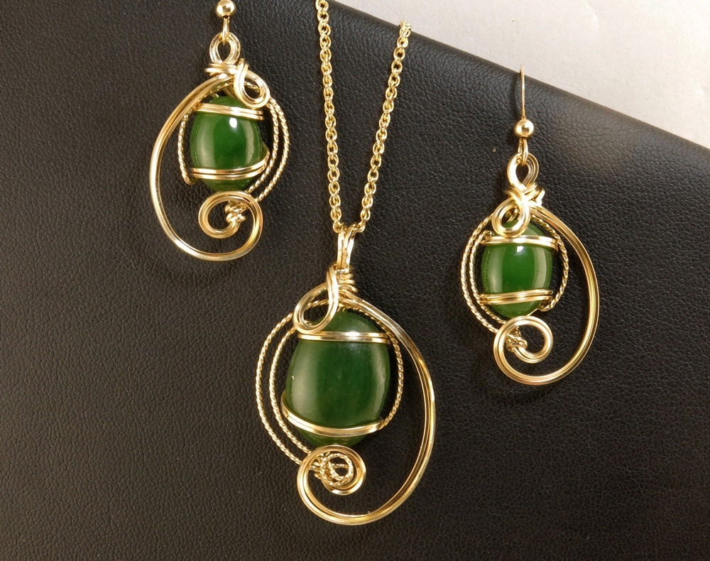 Jade Gold Jewelry Set Genuine Green Jade by LeesEarringBoutique