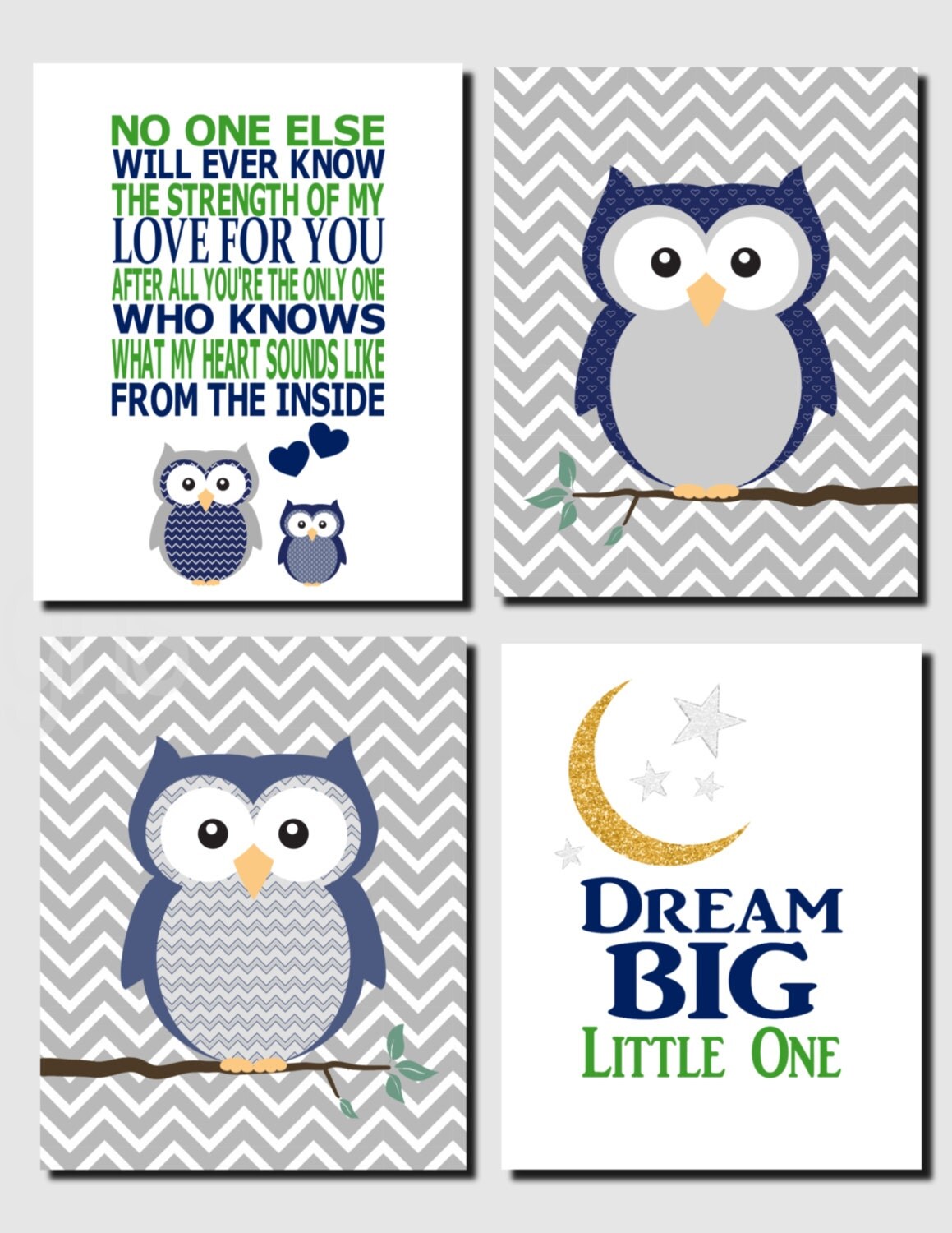 Baby Boy Nursery Owl Wall Art Navy Green Gray Kids Wall