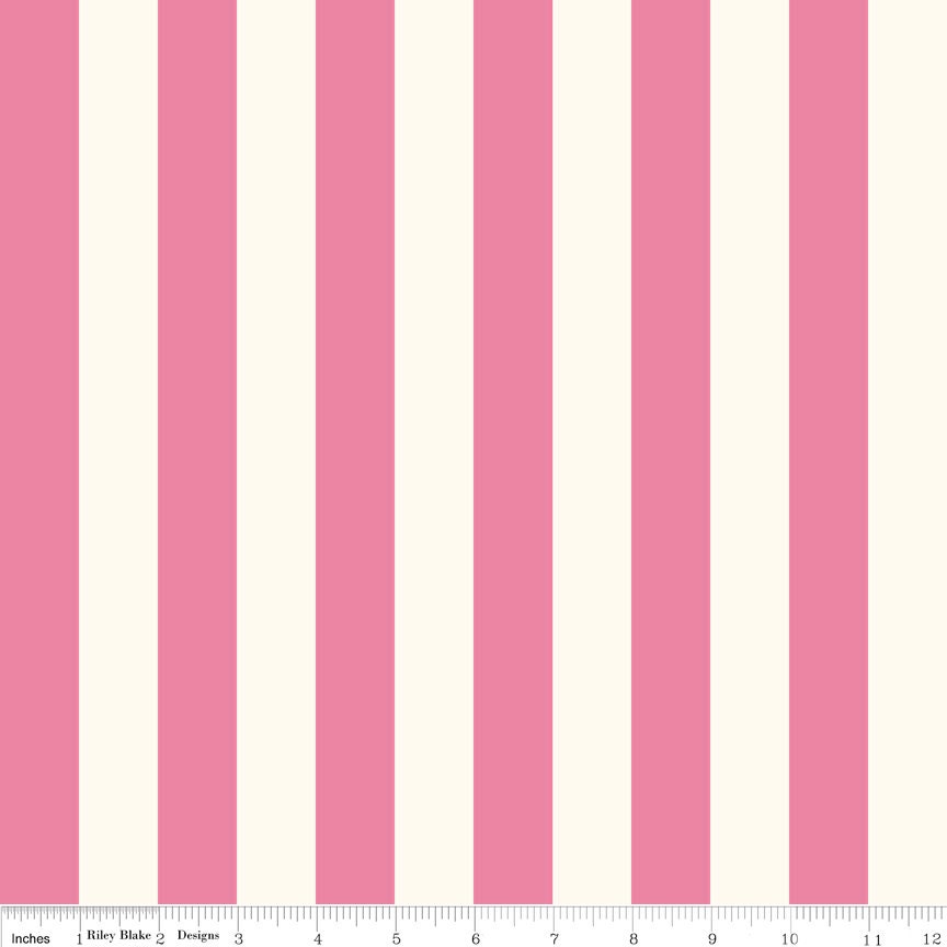 One Inch HOT PINK Stripes on Cream 100% Cotton Fabric 1/2