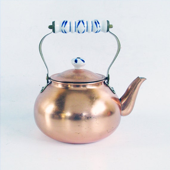 Vintage Copper & Brass Teapot with Porcelain by coffeetropolis