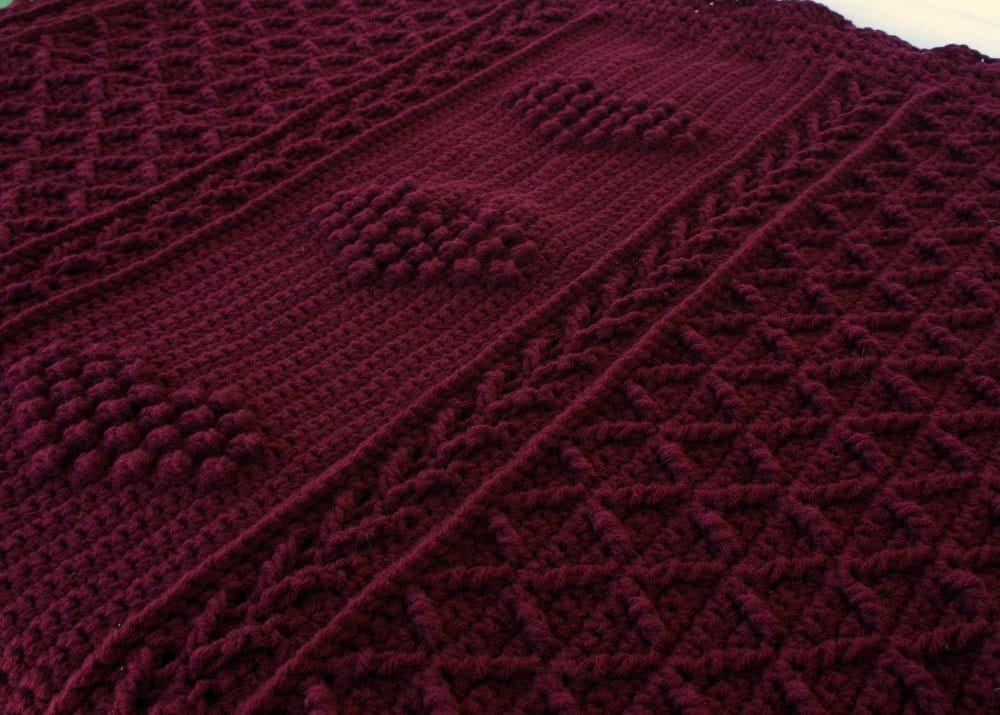 Crochet afghan burgundy throw blanket claret dark red hearts