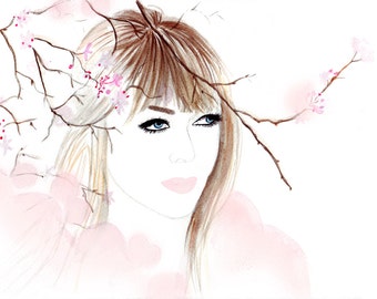 Watercolour fashion illustration Titled Parisian Winter Bloossoms