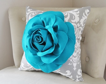 Turquoise Home Decor Turquoise Throw Pillow Rose Decor Gray Damask Pillow Dark Turquoise Flower Home Decor Decorative Pillow Nursery Bedroom