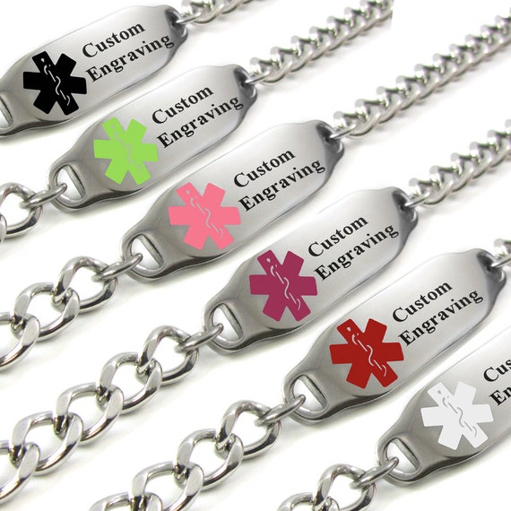 A series of our popular tags on curb chain, with offset medical symbol to the right of easy to read black engraving. In this example, emblems shown are black, lime green, pink, purple, red and white, and the sample engraving simply reads 'custom engraving'!
