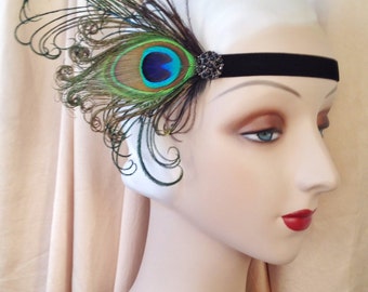 flapper headband in your choice of colors- black, burgundy, green or ivory stretch velvet headband and natural black brown or ivory feathers