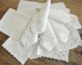 10 Sweet Mismatched Set Antique Embroidered Cutwork White on White Napkins