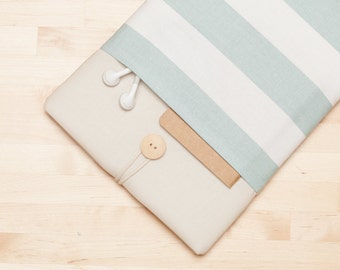 Macbook pro 13 case / Laptop case / Macbook air 13 sleeve / Custom Laptop sleeve / padded with pockets - Teal stripes in cream -