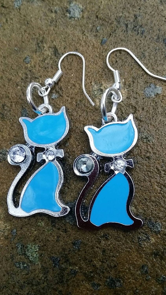 Blue Pussy Cat Earrings Cute Dangle drops Kitten by CatDesignz