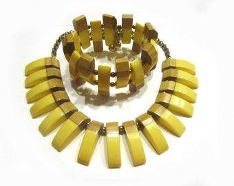 Bakelite Jewelry Set Wood Cream Corn Bakelite Necklace Bracelet Set