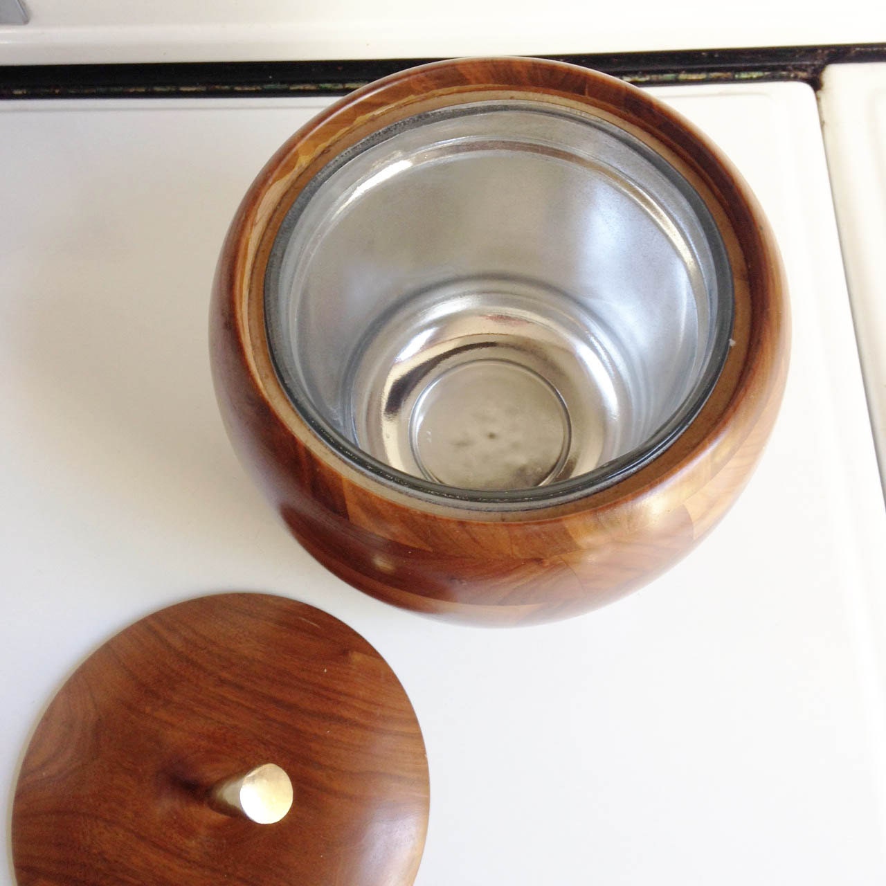 Mid Century Walnut Apple Ice Bucket / Brass Stem