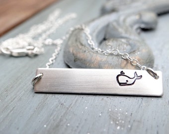 Sterling Silver Whale Bar Necklace. Hand Stamped Jewelry. Minimalist, Engraved Necklace. Layering Bar Necklace, Sealife Jewelry, Silver Bar
