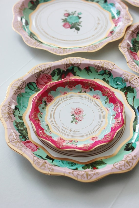 12 FLORAL TEA PARTY Mini Paper Plates Parisian Vintage Style