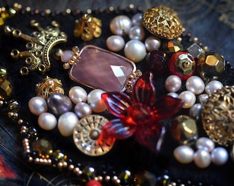 SALE - Milady pin - Gold and Red Beaded pearl victorian style buttons and flowers, Marie antoinette style posh pin