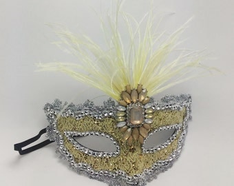 Masquerade Mask,Yellow Gem Ostrich Feather Masquerade Mask,Women's Mask