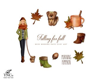 Fashion illustration - Fall clip art - Autumn Clip art - Watercolor clipart - Autumn leaves illustration - Dog lovers clip art - MK