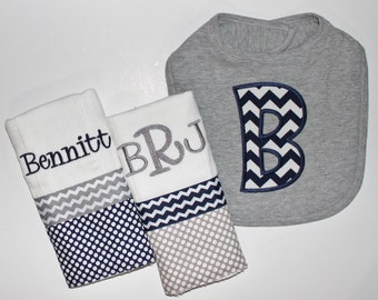 Personalized Baby Boy set INCLUDES Bib and 2 Burp Cloths - Navy and Gray