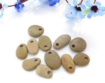 Top Drilled Beach Stone Pendants, 11 Big Pieces Grey Mix Beach Pebbles, Unique Jewelry Supplies, Diy Supplies