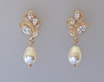 Champagne Blush Pearl Earrings Blush Bridal Earrings Crystal