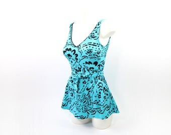 VINTAGE 1980s Skirted Swimsuit One Piece Bathingsuit Turquoise Black