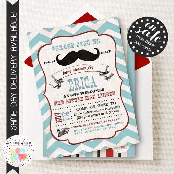 Mustache Baby Shower Invitation, Mustache Baby Sprinkle Invitation, Mustache Party, Boy Baby Shower, Mustache Bash, BeeAndDaisy Il_570xn