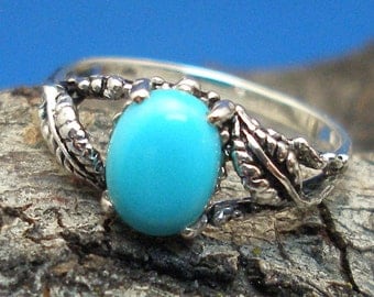 Turquoise Leaf Ring, Hand Crafted Recycled Sterling Silver, December Birthstone, handmade European Beech tree leaves, Robin Egg Blue
