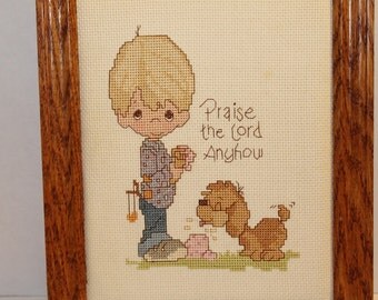 Completed Precious Moments Cross Stitch Framed Wall Hanging- Praise the Lord Anyhow 8x10
