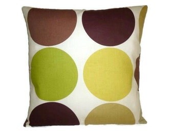 Funky Retro Spots in Greens, Deep Plum Browns on Cream Designer Cushion Covers. Pillowcases, Shams, Slips ONE 16" (40cm)