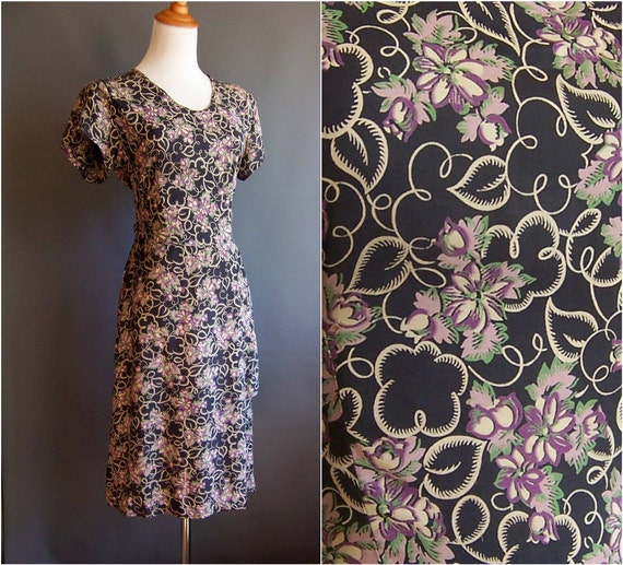 1940s 'ghost floral' cold rayon print dress purples