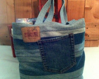 Denim Tote bag Re-purposed denim jeans 15 x 12 by ripnrollrugs