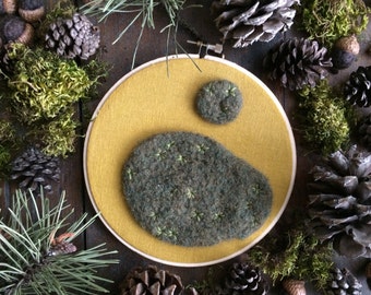 Star moss embroidery hoop, wall decor made with felted wool and upcycled yellow linen, 6.5 inches
