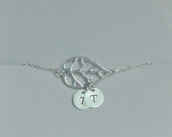 Sterling Silver, Leaf Bracelet, Personalized Bracelet, Initial Bracelet, Bridesmaid Gift, Birthday Gift, Children's Gift